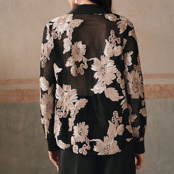 Black Women's Romantic Elegant Floral Embroidery Semi-Sheer Casual Blouse - Picture 2 of 8